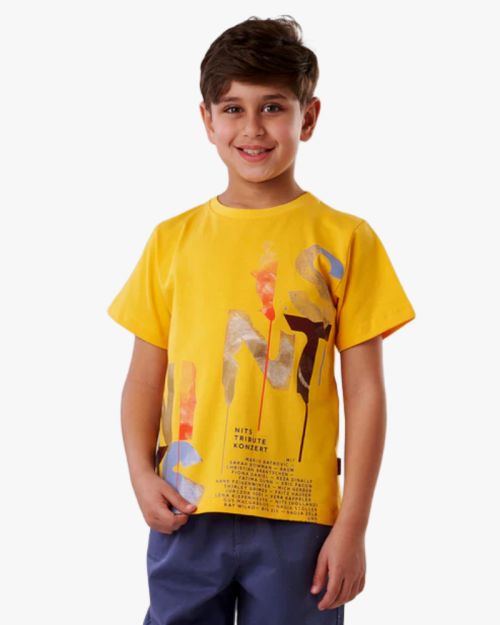 Boys Yellow Graphic Printed Cotton T-Shirt – Casual Summer Kids Tee