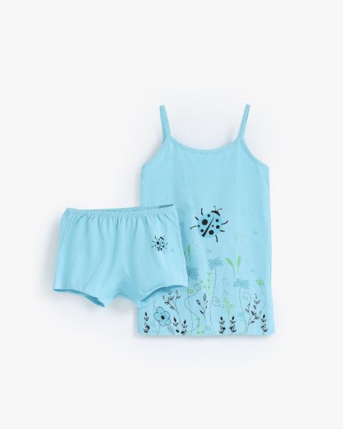 Girls Printed Cotton Vest & Shorts Underwear Set - Nature Bug Print