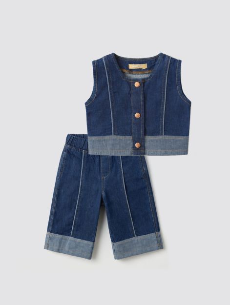 Baby girl two-tone denim crop vest and wide-leg shorts coordinating set 3-6 mth Front | Locafy