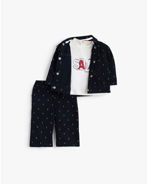 Nautical Anchor Print Three-Piece Jacket, Tee, and Trousers Set