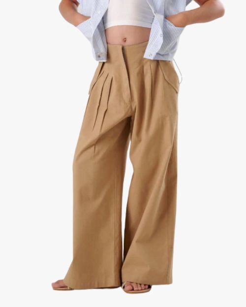 Sophisticated Pleated Wide Leg Khaki Trousers