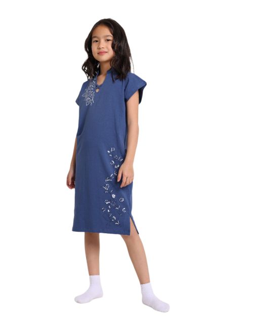 Girls Floral Embroidered Mandarin Collar Midi Dress