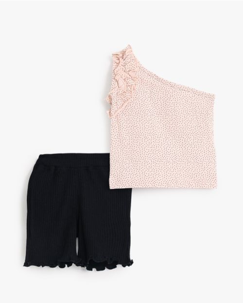 Polka Dot One-Shoulder Top and Ribbed Shorts Set