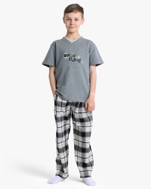 Boys Overlap V-Neck Graphic Tee and Plaid Trousers Set