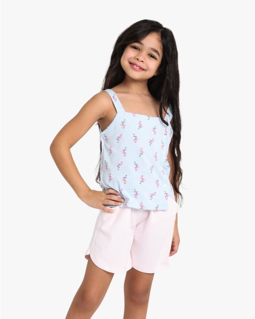 Girls Flamingo Print Strappy Top and Shorts Set