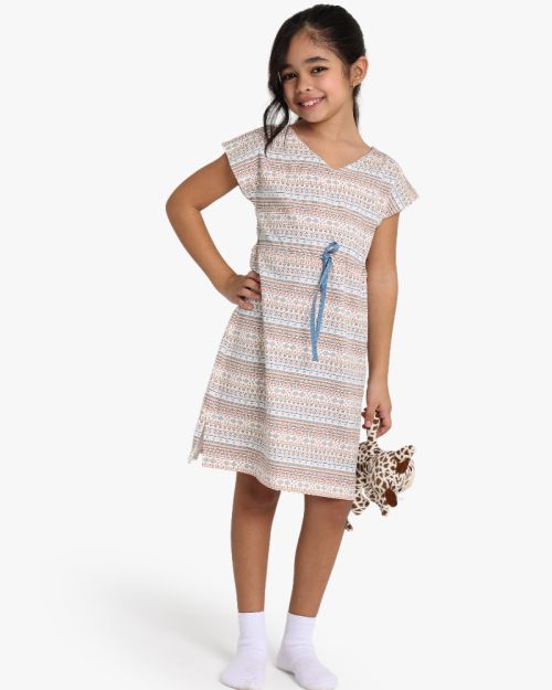 Girls Patterned V-Neck Summer Dress with Waist Tie