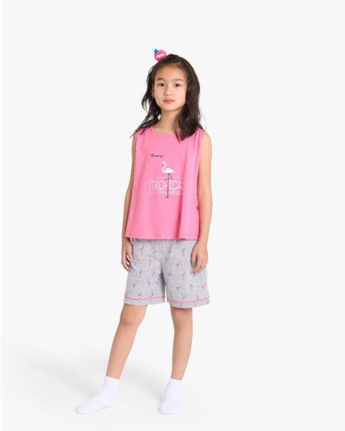 Girls Flamingo Graphic Sleeveless Top and Patterned Shorts Set