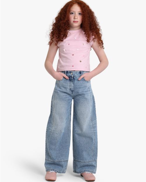 Girls wide-leg washed light blue denim jeans with contrast front seam and panel hem detail 4 yrs Front | Locafy