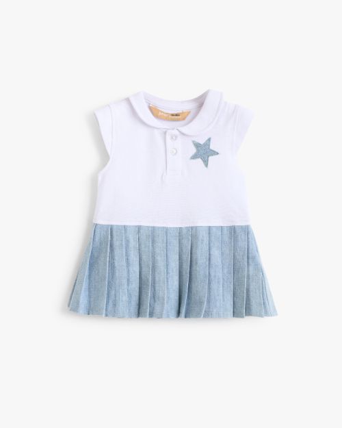 Baby Girls Polo Dress with Denim Pleated Skirt and Star Patch