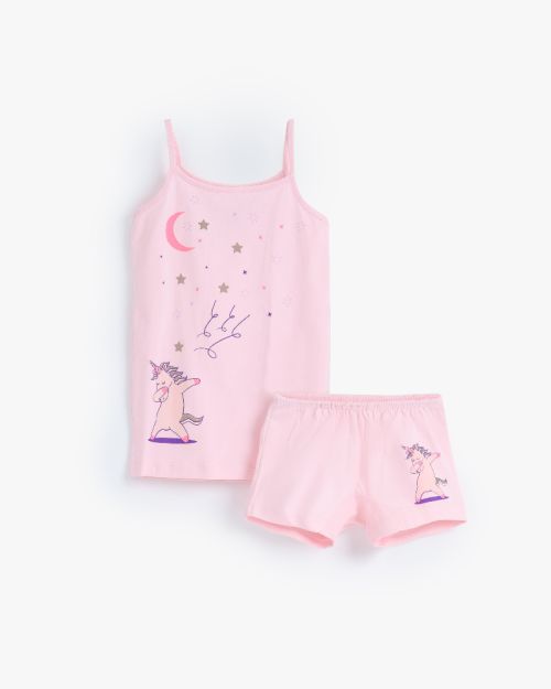 Girls Unicorn Print Cotton Cami & Shorts Underwear Set