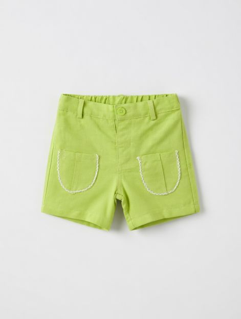 Baby Girl Lime Green Cotton Shorts with Scallop-Trim Patch Pockets