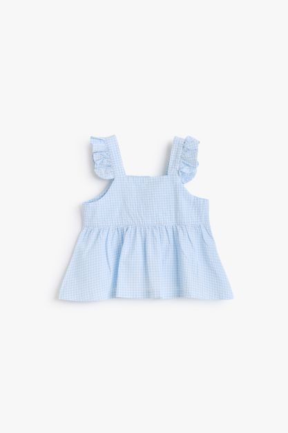 Baby girl light blue gingham seersucker top with ruffle straps and back bow detail 3-6 mth Front | Locafy