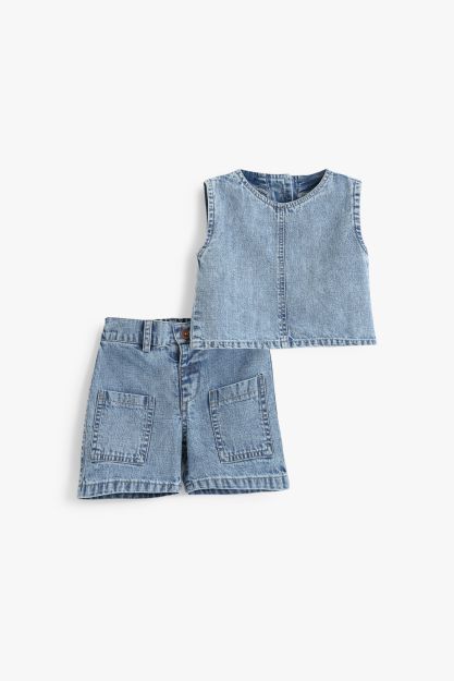 Baby girls washed denim co-ord set with sleeveless crop top and relaxed-fit shorts 3-6 mth Front | Locafy