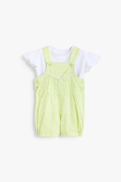 Baby girl broderie anglaise lime green dungaree set with white flutter-sleeve tee 0-3 mth Front | Locafy