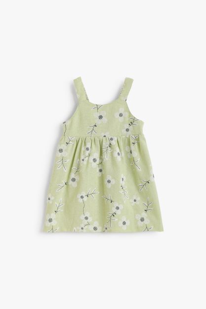 Baby girl sage green floral embroidered linen-blend dress with keyhole back and shoulder straps 3-6 mth Front | Locafy
