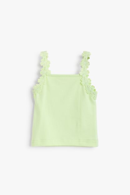 Girls Ribbed Tank Top with Floral Lace Straps in Mint Green