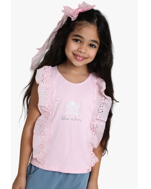Girls Pink Ruffle Sleeveless Top with Eyelet Lace Detail 1