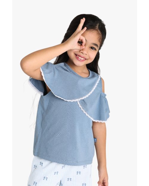 Girls Cold Shoulder Ruffle Top with Printed Culottes Set