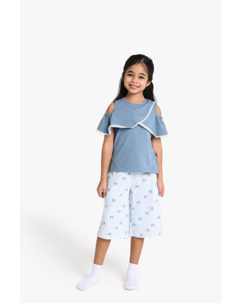 Girls Cold Shoulder Ruffle Top with Printed Culottes Set 1