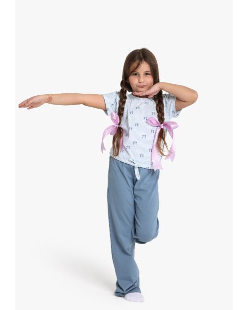 Girls Bow Print Striped T-Shirt with Wide Leg Pants Set 1