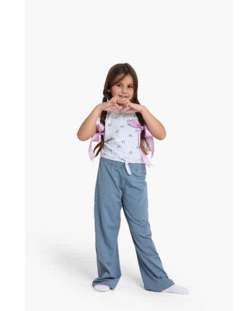 Girls Bow Print Striped T-Shirt with Wide Leg Pants Set 1