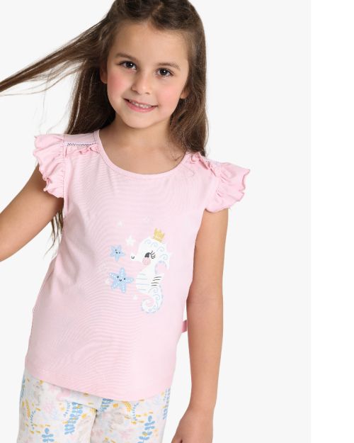 Girls Seahorse Print Ruffle Sleeve Pajama Set 1