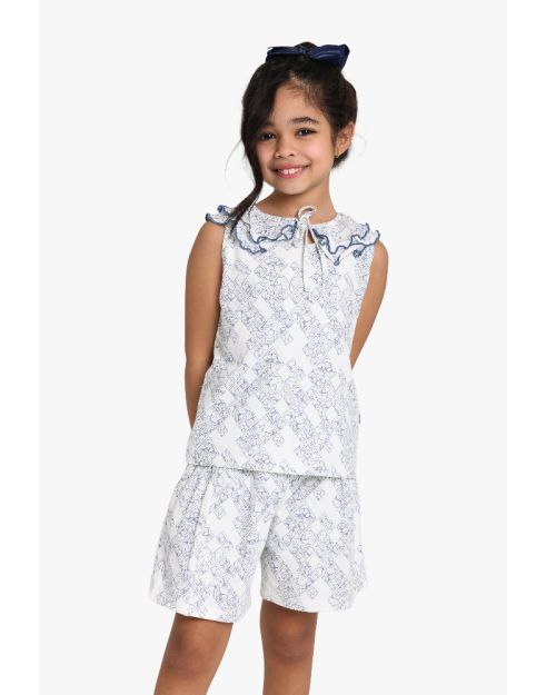 Girls White & Blue Floral Print Ruffle Collar Top & Skirt/Shorts Set 1