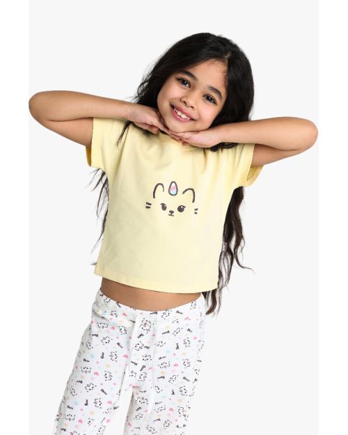 Girls Unicorn Cat Print Pajama Set - Yellow Top & White Printed Pants