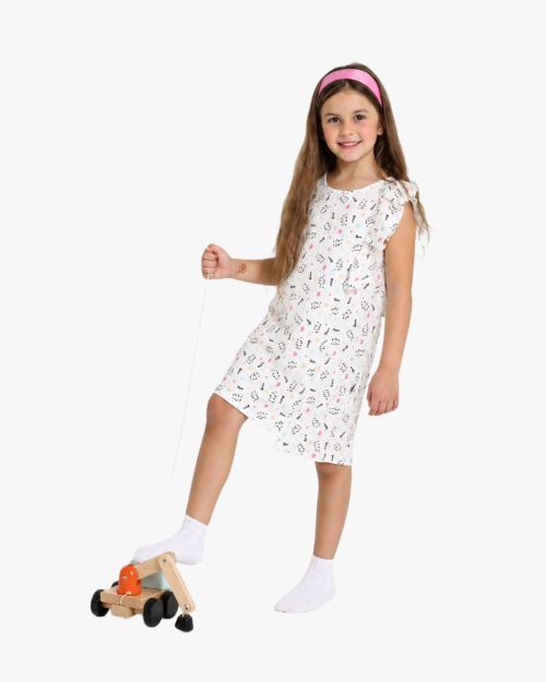 Girls Printed Sleeveless Dress with Ruffle Shoulders 1