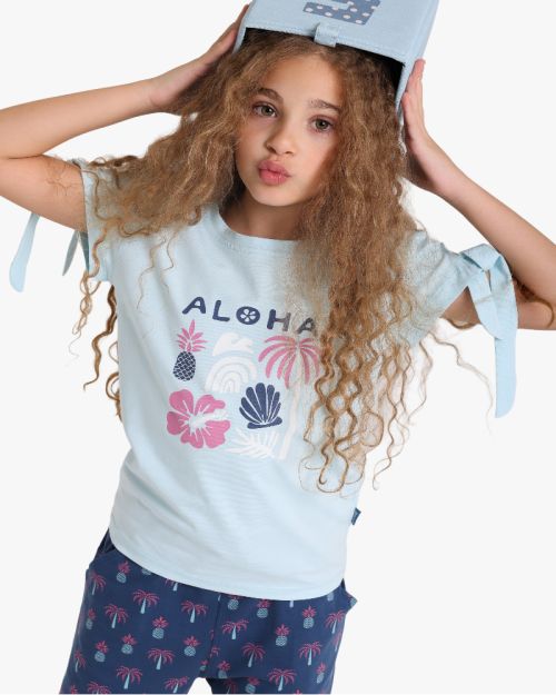 Girls Aloha Tropical Print Short Sleeve T-Shirt and Shorts Pajama Set
