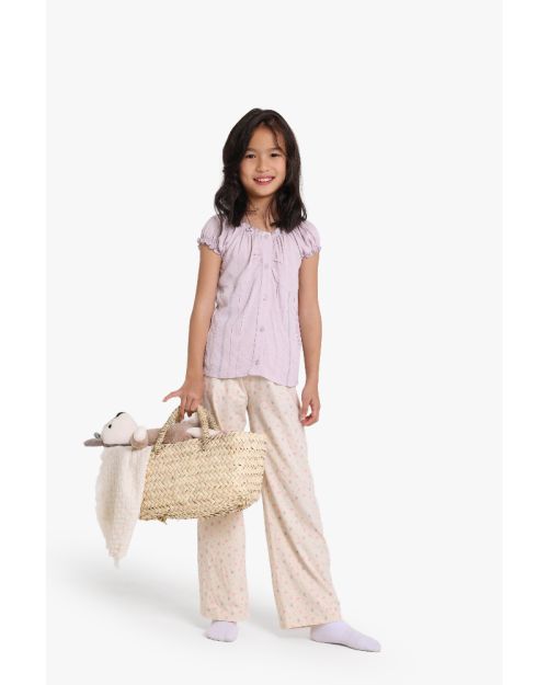 Girls 2-Piece Floral Pajama Set - Lavender Top & Cream Floral Pants