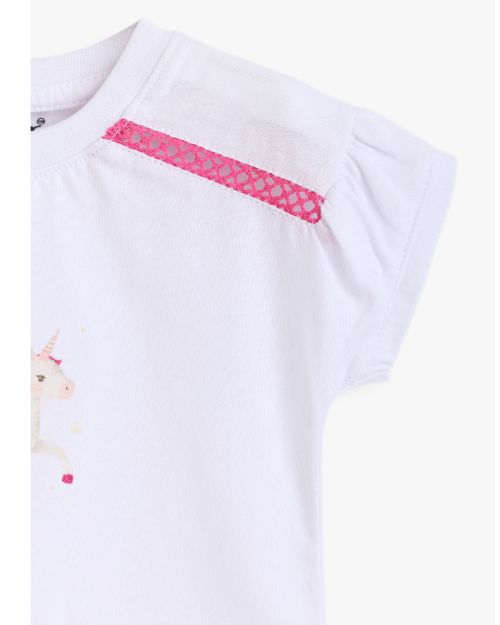 Girls White Unicorn Print T-Shirt with Pink Lace Detail 1
