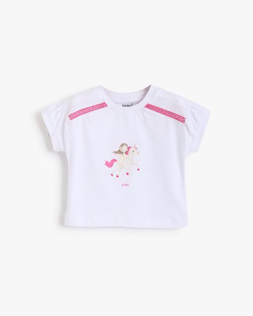 Girls White Unicorn Print T-Shirt with Pink Lace Detail