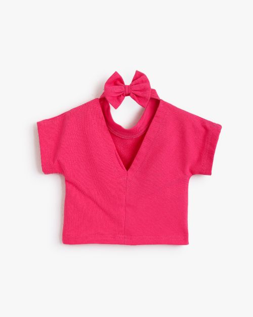 Girls Pink Fairy Print Cropped T-Shirt with Back Bow Detail 1