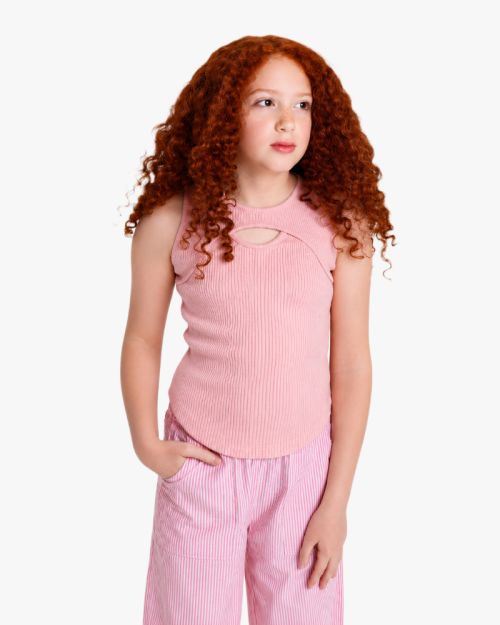 Girls Pink Ribbed Sleeveless Top & Striped Wide-Leg Pants Set 1
