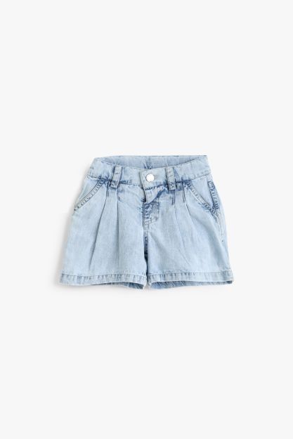 Kids Girls Light Blue Denim Pleated Shorts 1