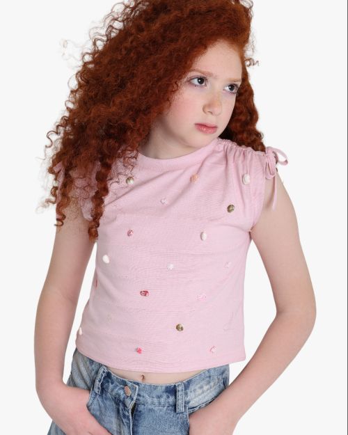 Girls pink cropped jersey top with colourful scattered gem embellishments and tie shoulders 4 yrs Front | Locafy