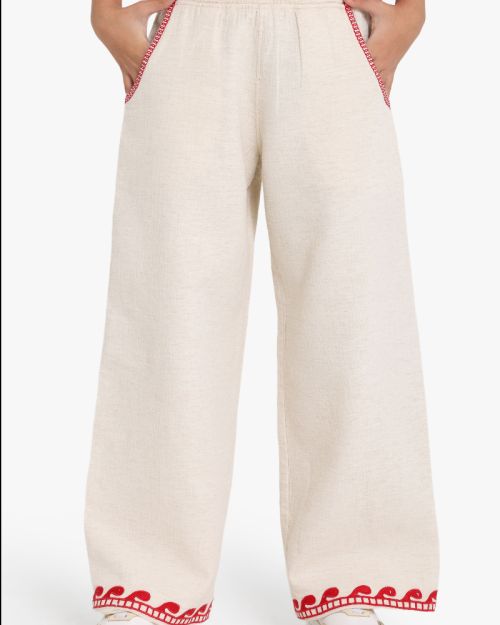 Wide-Leg Linen Blend Girls Pants with Red Wave Embroidery