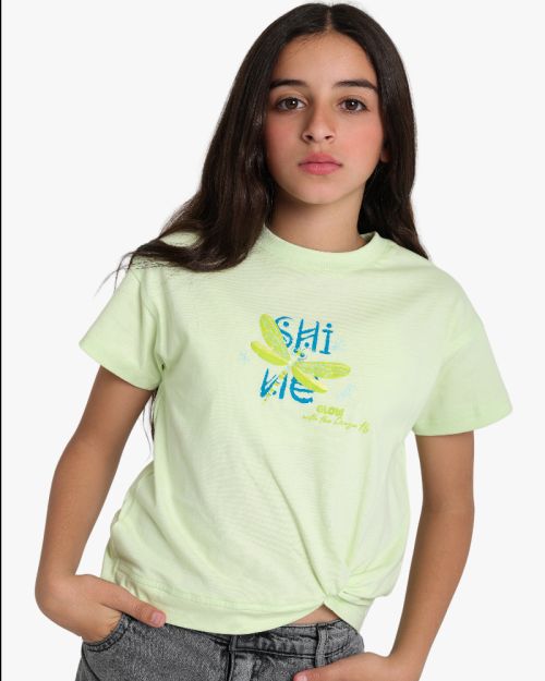 Girls' light green cotton short sleeve t-shirt with dragonfly shine graphic print 4 yrs Front | Locafy