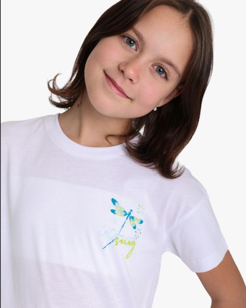 Girls White Cotton T-Shirt with Dragonfly Graphic Print