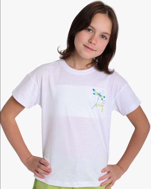 Girls white short-sleeve cotton t-shirt with colorful dragonfly graphic print 4 yrs Front | Locafy