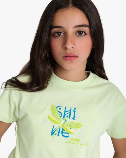 Girls' Graphic Print Cotton T-Shirt with Dragonfly 'Shine' Design