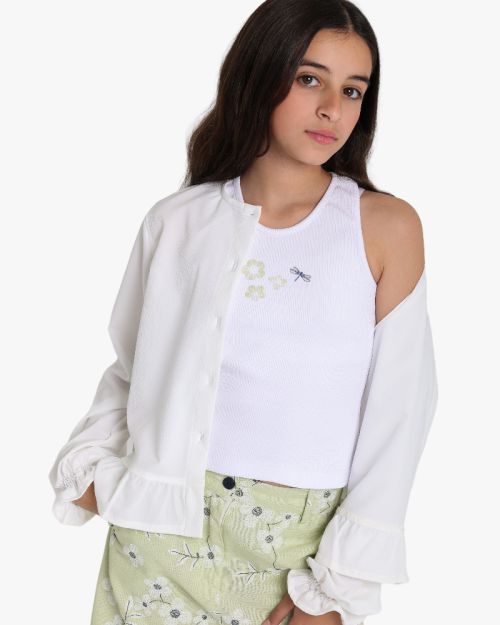 Girls Ribbed Crop Tank Top with Floral Dragonfly Embroidery