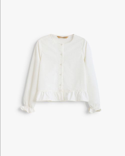 Girls white crinkle-texture button-front shirt with ruffle hem and cuffs 4 yrs Front | Locafy