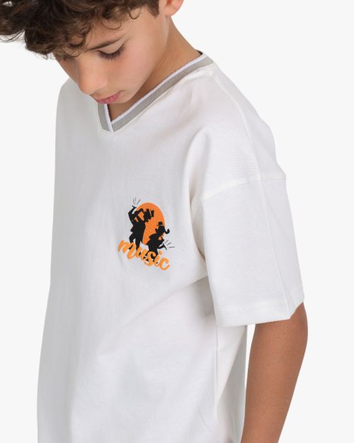 Boys Oversized Cotton V-Neck T-Shirt with Graphic Music Print