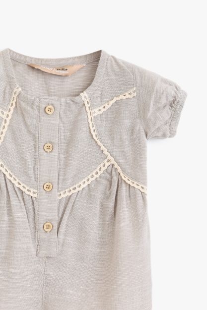 Lace-Trim Textured Cotton Baby Girl Romper with Button Front