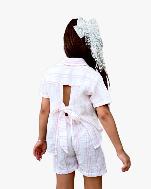 Girls Pink Striped Button-Up Shirt and Shorts Suit
