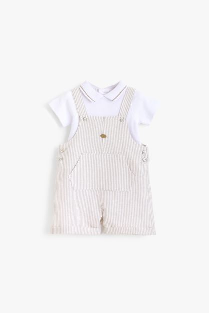 Baby boy striped dungaree shortall with white polo shirt two-piece set 3-6 mth Front | Locafy