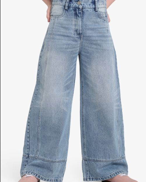 Girls Wide-Leg Washed Denim Jeans with Contrast Seam Detail