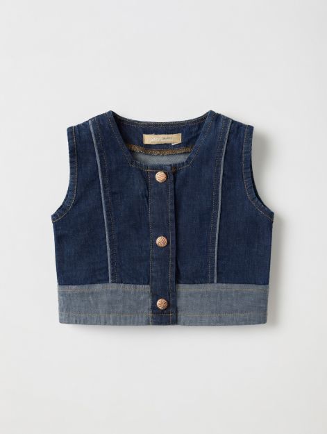Two-Tone Denim Crop Vest & Wide-Leg Shorts Set
